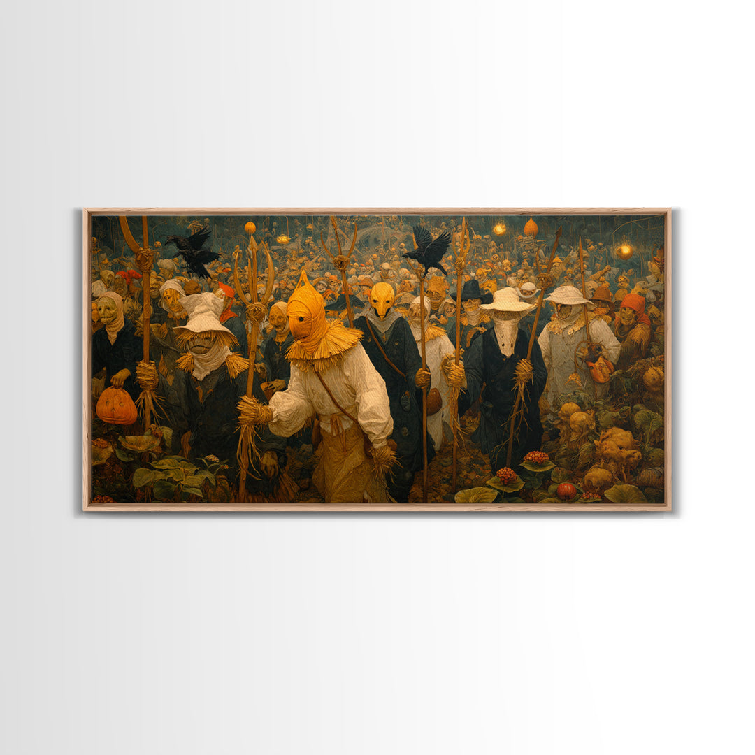 The Scarecrow Uprising, Medieval Grotesque Art, Wide Panoramic Art, Macabre Wall Art, Framed Canvas Print, Halloween Wall Art
