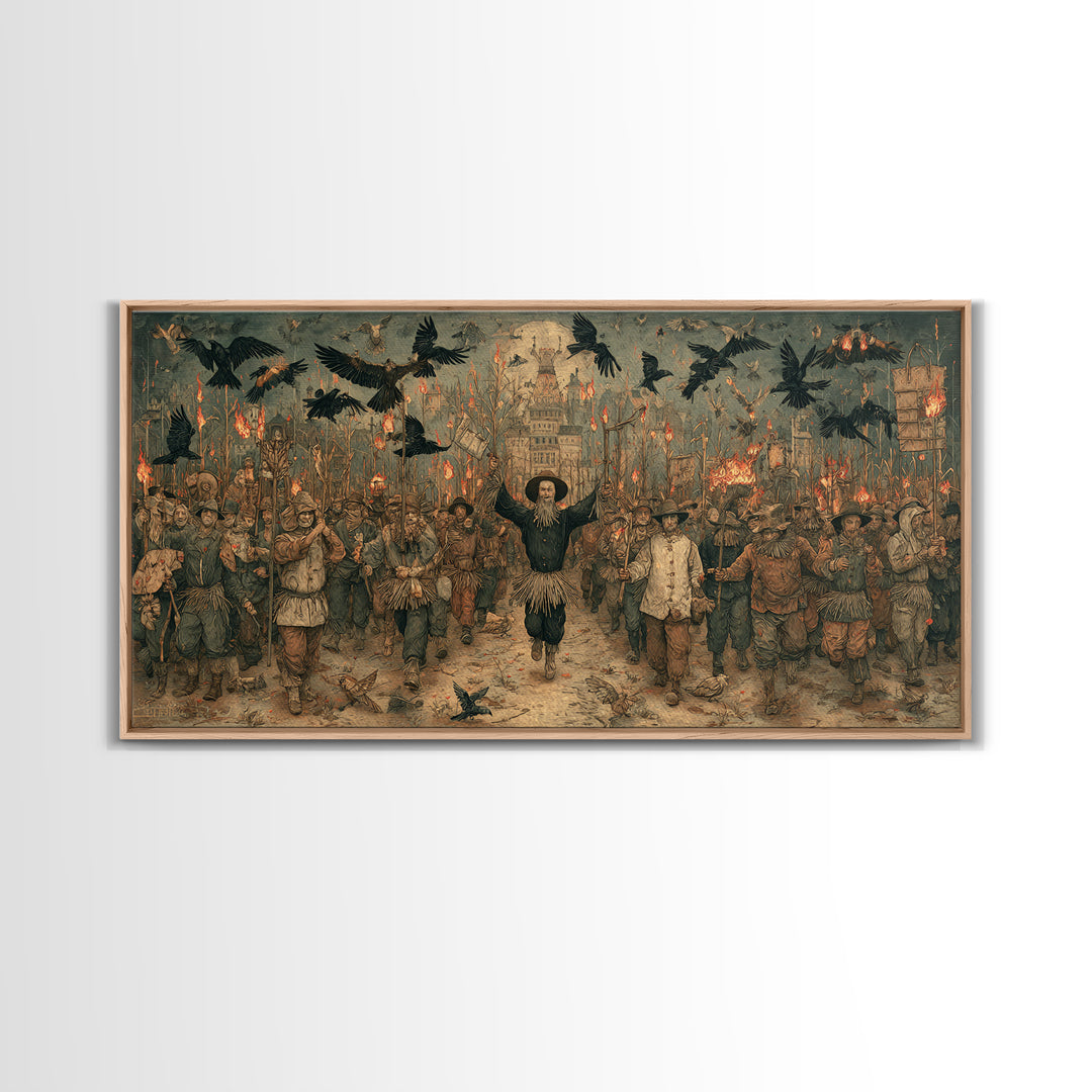 The Scarecrow Uprising, Northern Renaissance Horror, Wide Panoramic Art, Macabre Wall Art, Framed Canvas Print, Halloween Wall Art