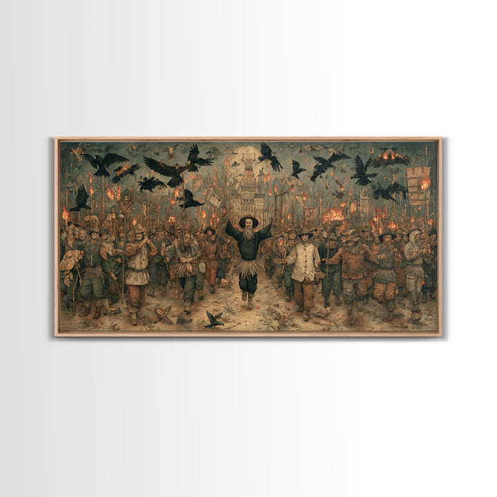 The Scarecrow Uprising, Northern Renaissance Horror, Wide Panoramic Art, Macabre Wall Art, Framed Canvas Print, Halloween Wall Art