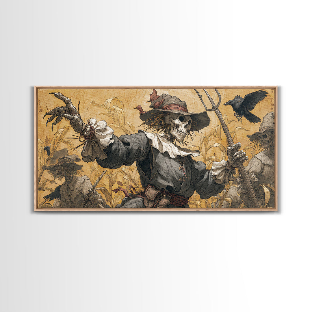 The Scarecrow Uprising, Danse Macabre Art, Wide Panoramic Art, Macabre Wall Art, Framed Canvas Print, Halloween Wall Art