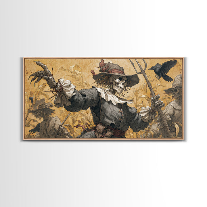 The Scarecrow Uprising, Danse Macabre Art, Wide Panoramic Art, Macabre Wall Art, Framed Canvas Print, Halloween Wall Art