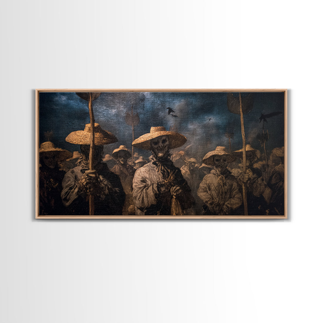 The Scarecrow Uprising, Dark Romantic Horror Art, Wide Panoramic Art, Macabre Wall Art, Framed Canvas Print, Halloween Wall Art