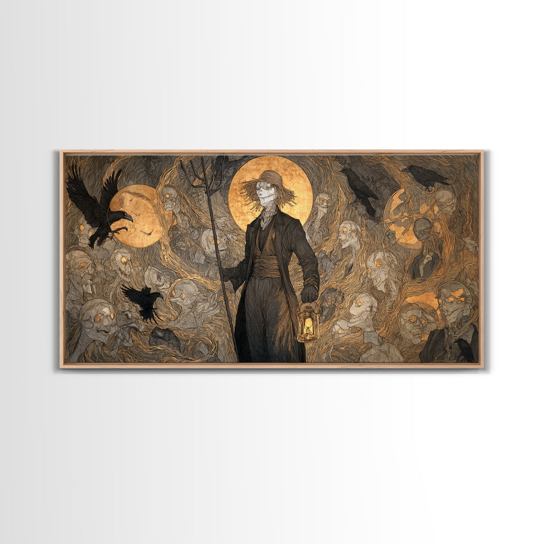 The Scarecrow Uprising, Gothic Nightmare Art, Wide Panoramic Art, Dark Halloween Decor, Framed Canvas Print, Halloween Wall Art