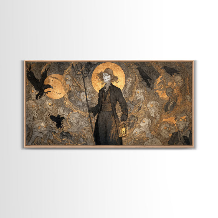 The Scarecrow Uprising, Gothic Nightmare Art, Wide Panoramic Art, Dark Halloween Decor, Framed Canvas Print, Halloween Wall Art