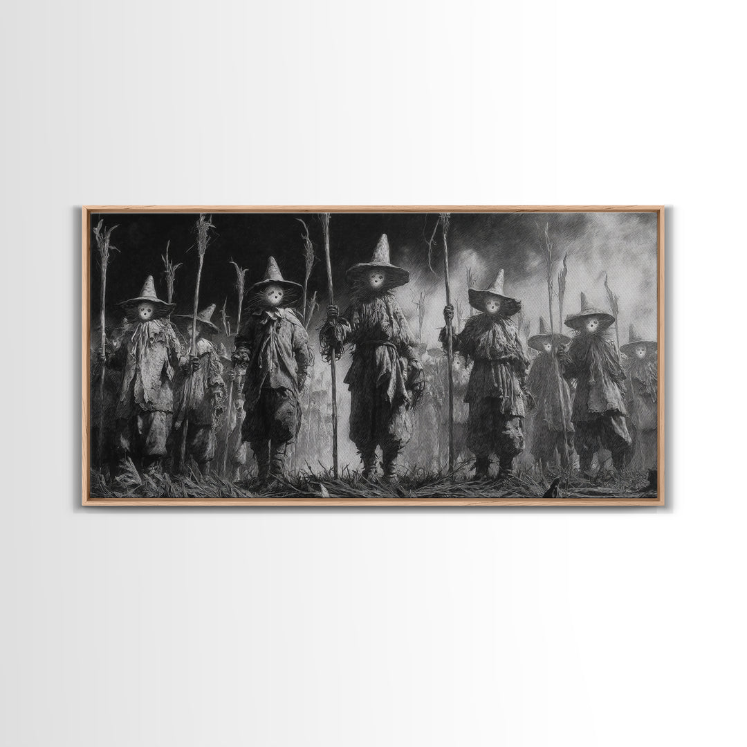The Scarecrow Uprising, Symbolist Dream Art, Wide Panoramic Art, Dark Fantasy Wall Art, Framed Canvas Print, Halloween Wall Art