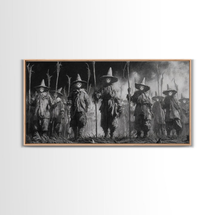 The Scarecrow Uprising, Symbolist Dream Art, Wide Panoramic Art, Dark Fantasy Wall Art, Framed Canvas Print, Halloween Wall Art