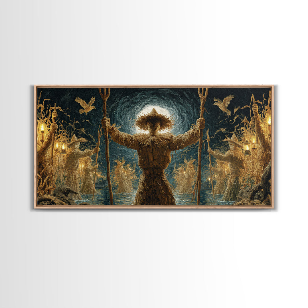 The Scarecrow Uprising, Symbolist Gothic Landscape, Wide Panoramic Art, Macabre Wall Art, Framed Canvas Print, Halloween Wall Art