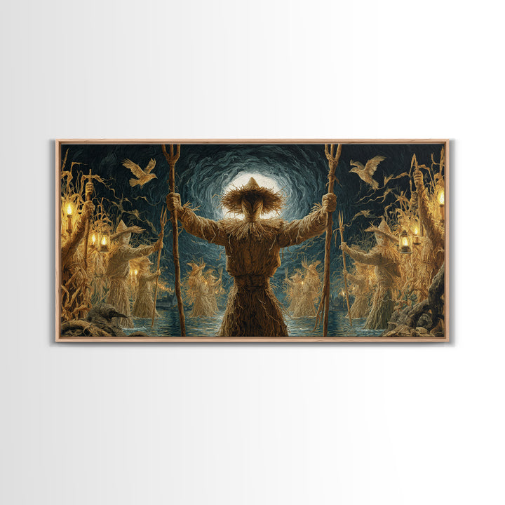 The Scarecrow Uprising, Symbolist Gothic Landscape, Wide Panoramic Art, Macabre Wall Art, Framed Canvas Print, Halloween Wall Art