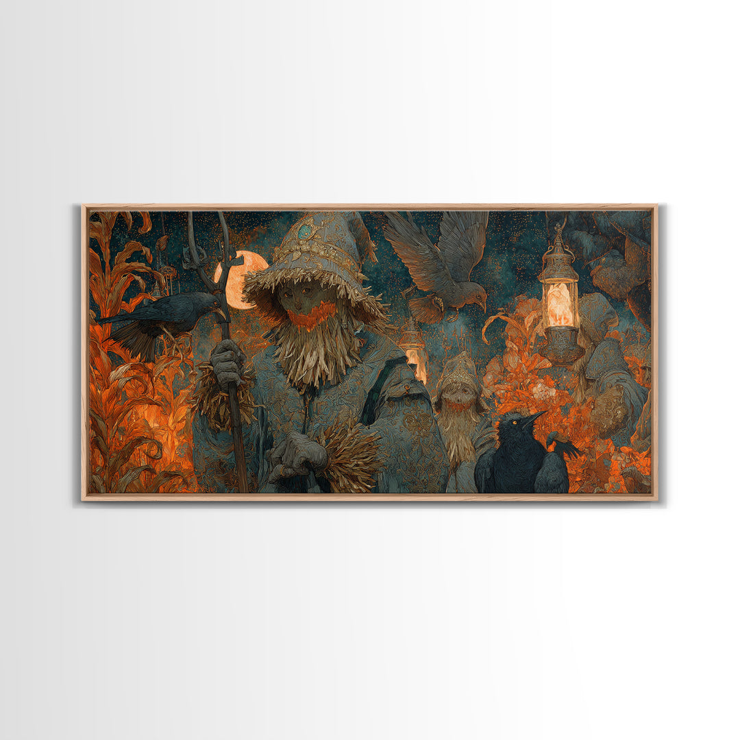 The Scarecrow Uprising, Ornate Symbolist Art, Wide Panoramic Art, Gothic Horror Wall Art, Framed Canvas Print, Halloween Wall Art