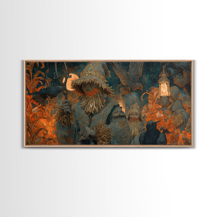 The Scarecrow Uprising, Ornate Symbolist Art, Wide Panoramic Art, Gothic Horror Wall Art, Framed Canvas Print, Halloween Wall Art