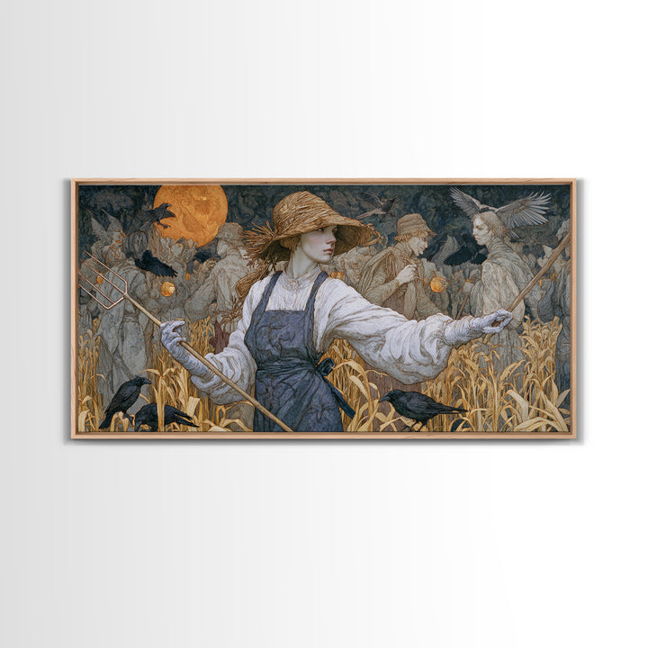 The Scarecrow Uprising, Symbolist Death Art, Wide Panoramic Art, Macabre Wall Art, Framed Canvas Print, Halloween Wall Art