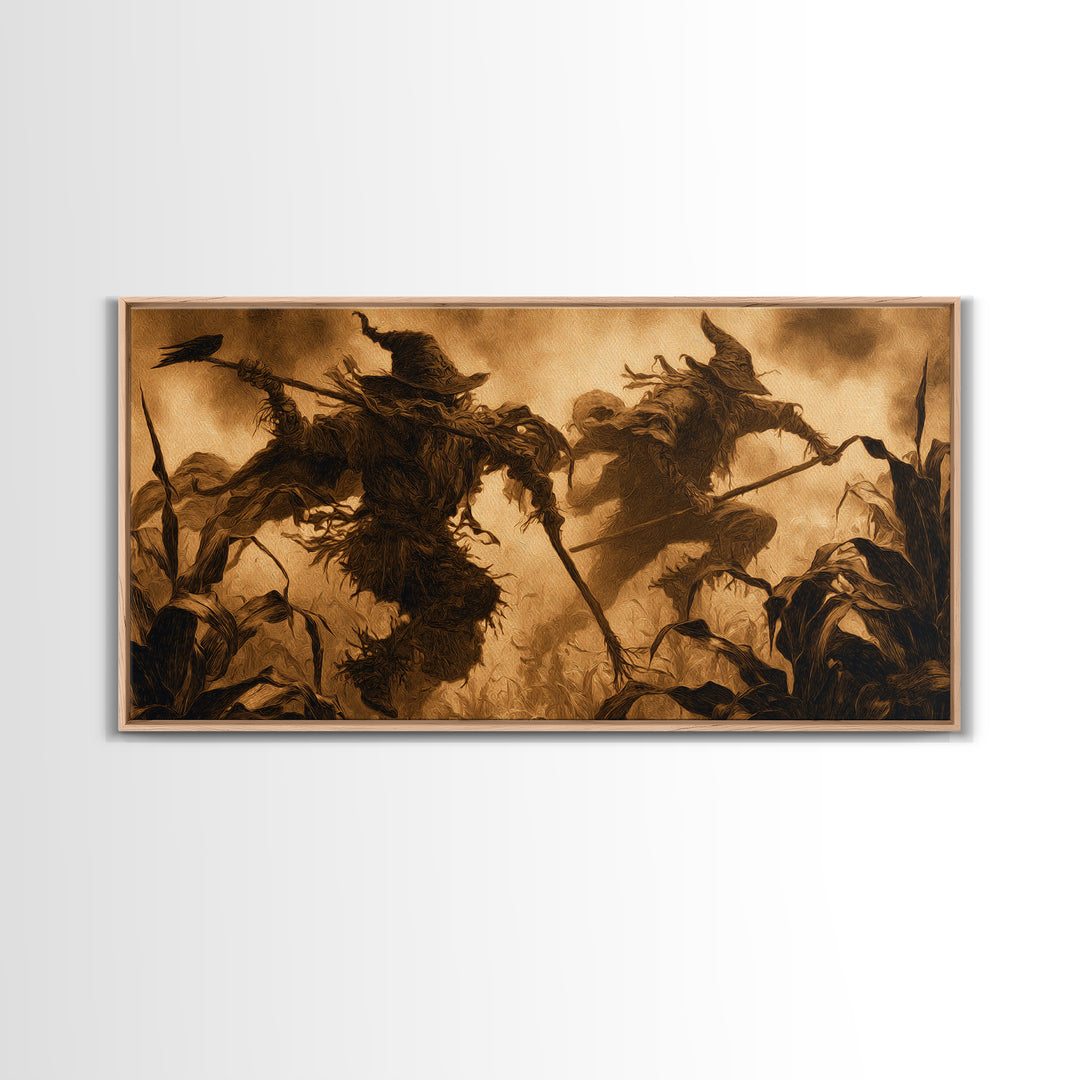 The Scarecrow Uprising, Dark Symbolist Art, Wide Panoramic Art, Macabre Wall Art, Framed Canvas Print, Halloween Wall Art