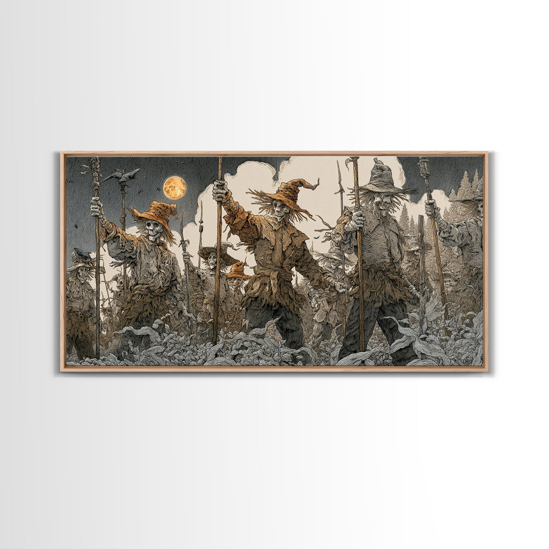The Scarecrow Uprising, Symbolist Etching Art, Wide Panoramic Art, Macabre Wall Art, Canvas Print, Halloween Wall Art, Statement Wall Art