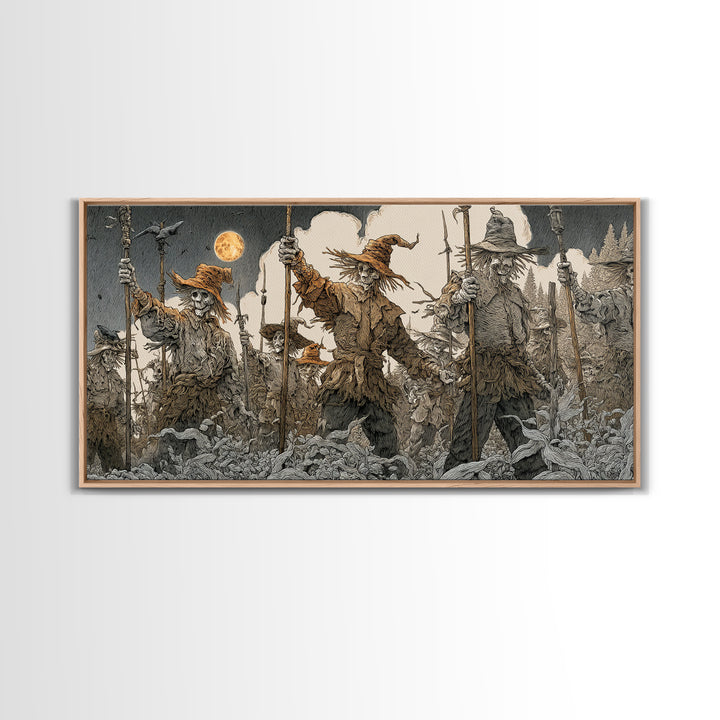 The Scarecrow Uprising, Symbolist Etching Art, Wide Panoramic Art, Macabre Wall Art, Canvas Print, Halloween Wall Art, Statement Wall Art