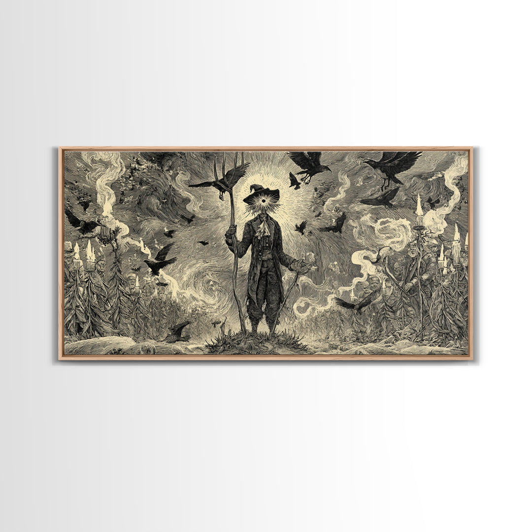 The Scarecrow Uprising, Expressionist Nightmare Art, Wide Panoramic Art, Dark Halloween Decor, Canvas Print, Halloween Wall Art