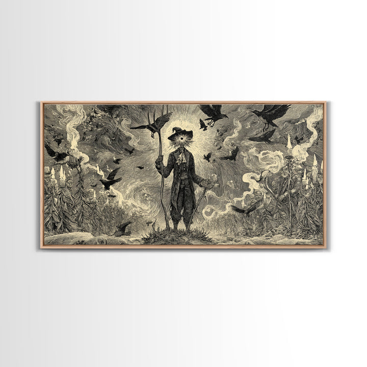 The Scarecrow Uprising, Expressionist Nightmare Art, Wide Panoramic Art, Dark Halloween Decor, Canvas Print, Halloween Wall Art