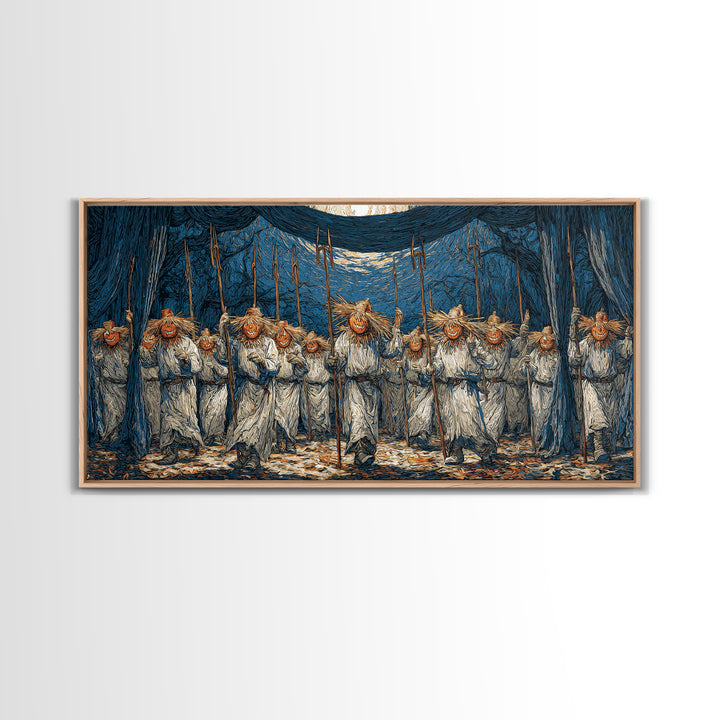 The Scarecrow Uprising, Expressionist Gothic Art, Wide Panoramic Art, Macabre Wall Art, Framed Canvas Print, Halloween Wall Art