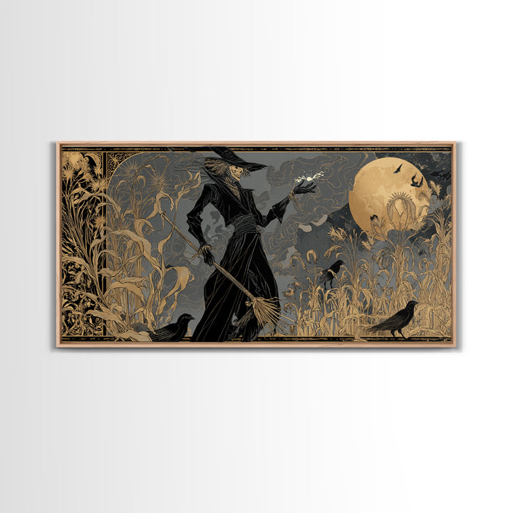 The Scarecrow Uprising, Decadent Line Art, Wide Panoramic Art, Dark Halloween Decor, Framed Canvas Print, Halloween Wall Art