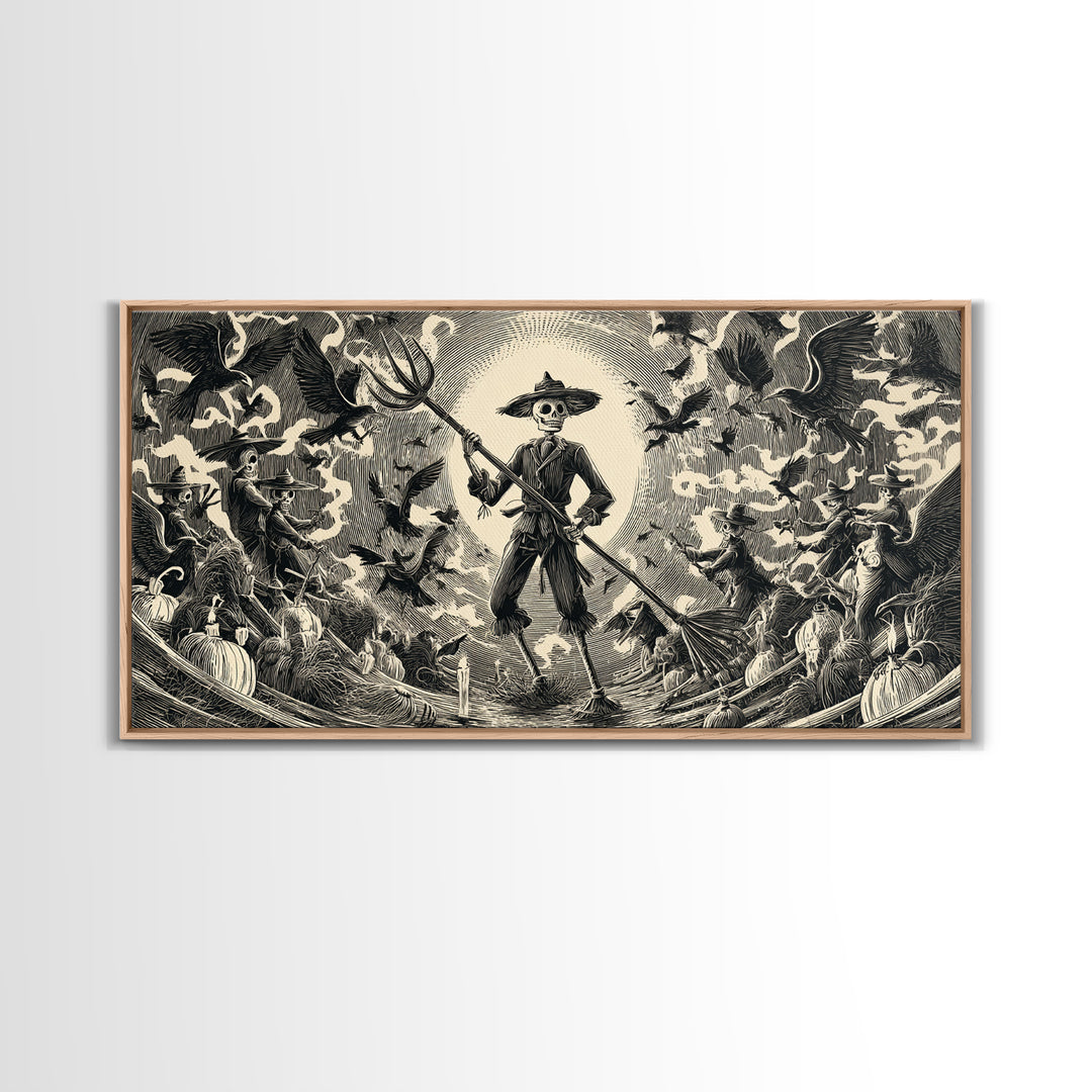 The Scarecrow Uprising, Macabre Folk Print Art, Wide Panoramic Art, Dark Fantasy Wall Art, Canvas Print, Halloween Wall Art