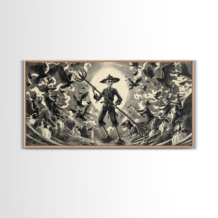 The Scarecrow Uprising, Macabre Folk Print Art, Wide Panoramic Art, Dark Fantasy Wall Art, Canvas Print, Halloween Wall Art
