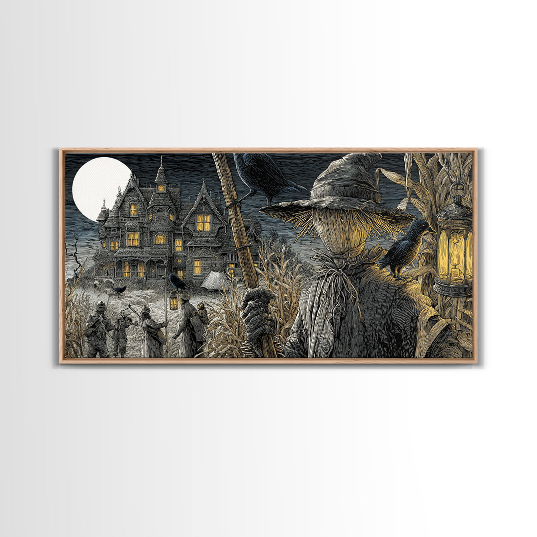 The Scarecrow Uprising, Victorian Macabre Art, Wide Panoramic Art, Macabre Wall Art, Framed Canvas Print, Halloween Wall Art