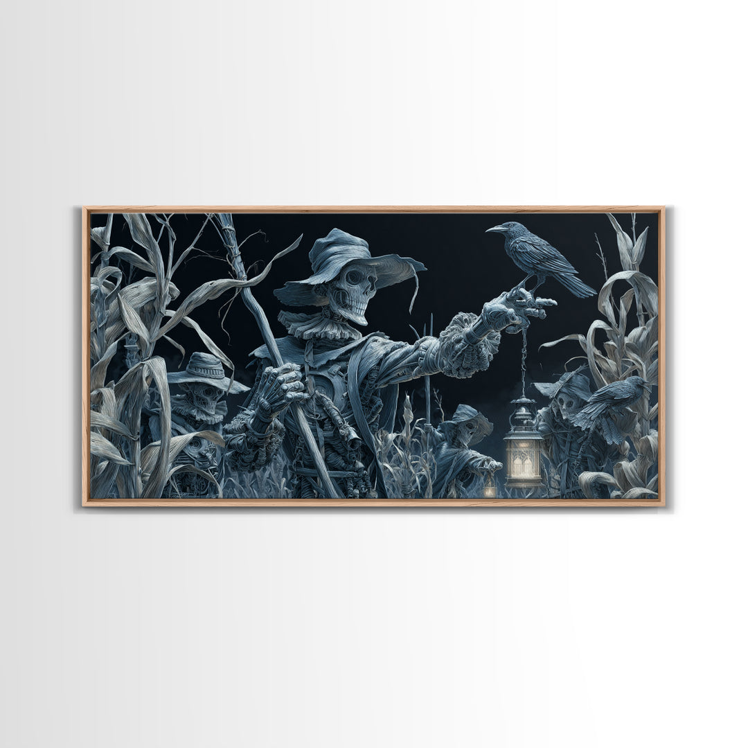 The Scarecrow Uprising, Biomechanical Horror Art, Wide Panoramic Art, Macabre Wall Art, Framed Canvas Print, Halloween Wall Art