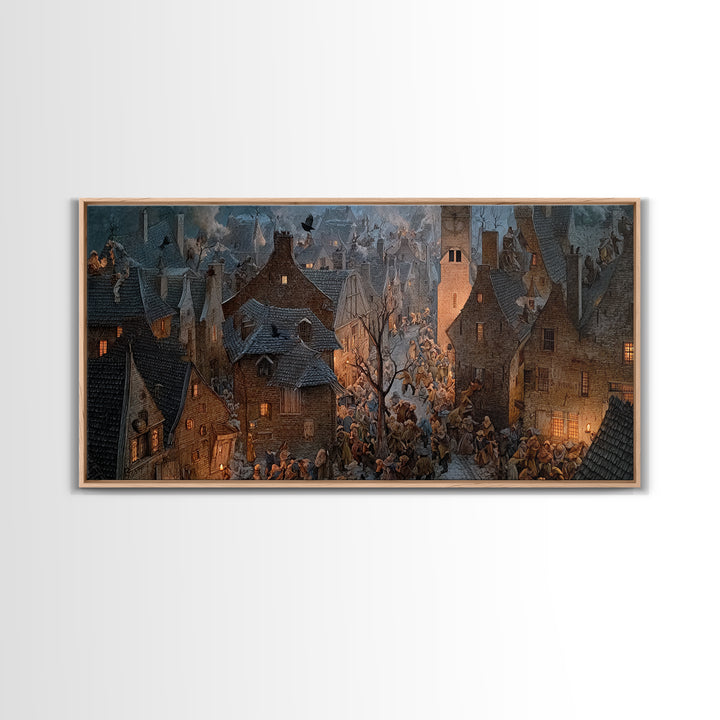The Thirteenth Bell, Northern Renaissance Horror, Wide Panoramic Art, Dark Halloween Decor, Framed Canvas Print