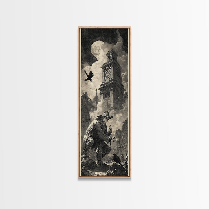The Thirteenth Bell, Architectural Etching Art, Tall Narrow Wall Art, Gothic Horror Wall Art, Framed Canvas Print