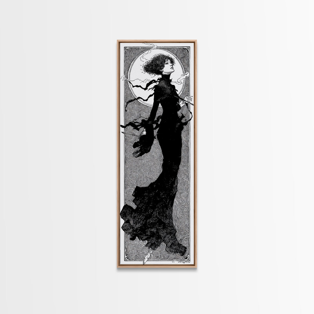 The Thirteenth Bell, Decadent Line Art, Tall Narrow Wall Art, Dark Fantasy Wall Art, Framed Canvas Print, Halloween Wall Art