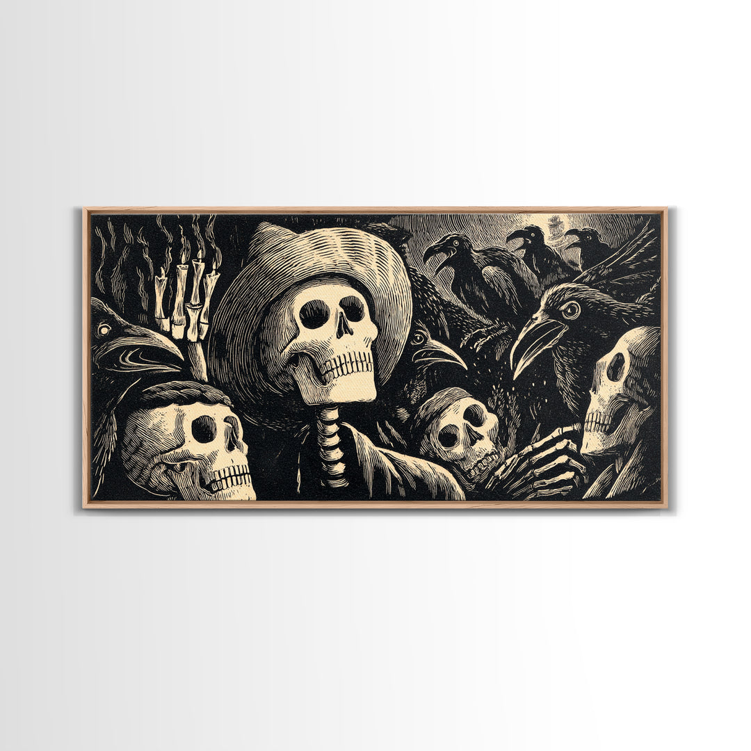 The Thirteenth Bell, Macabre Folk Print Art, Wide Panoramic Art, Macabre Wall Art, Canvas Print, Halloween Wall Art