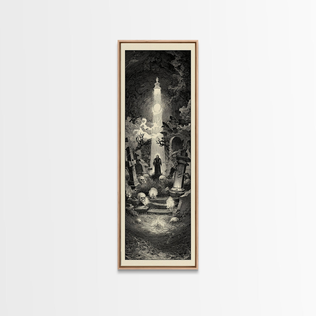 The Cemetery Lantern Festival, Gothic Engraving Art, Tall Narrow Wall Art, Gothic Horror Wall Art, Canvas Print, Halloween Wall Art