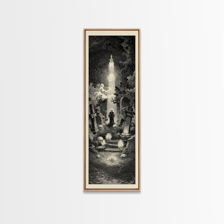 The Cemetery Lantern Festival, Gothic Engraving Art, Tall Narrow Wall Art, Gothic Horror Wall Art, Canvas Print, Halloween Wall Art