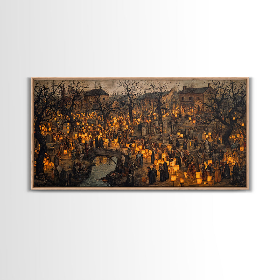 The Cemetery Lantern Festival, Northern Renaissance Horror, Wide Panoramic Art, Dark Halloween Decor, Framed Canvas Print