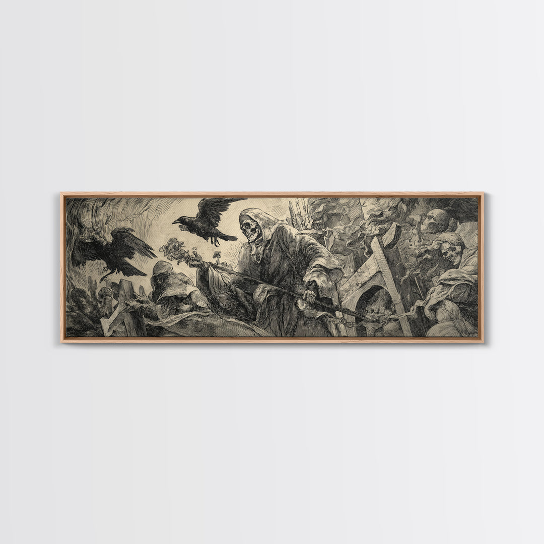 The Cemetery Lantern Festival, Renaissance Engraving Art, Extra Wide Wall Art, Macabre Wall Art, Canvas Print, Halloween Wall Art