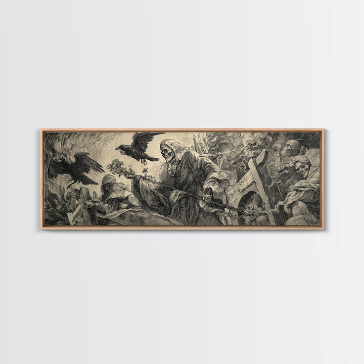 The Cemetery Lantern Festival, Renaissance Engraving Art, Extra Wide Wall Art, Macabre Wall Art, Canvas Print, Halloween Wall Art