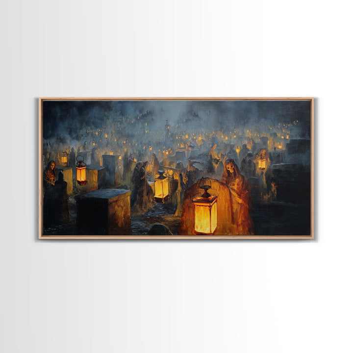 The Cemetery Lantern Festival, Dark Romantic Horror Art, Wide Panoramic Art, Gothic Horror Wall Art, Framed Canvas Print