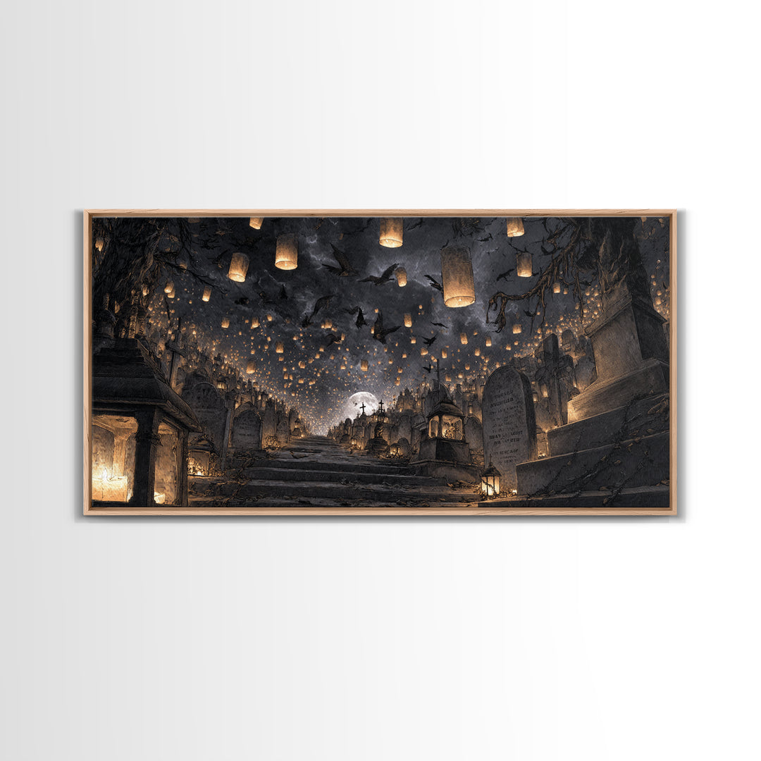 The Cemetery Lantern Festival, Architectural Etching Art, Wide Panoramic Art, Gothic Horror Wall Art, Framed Canvas Print