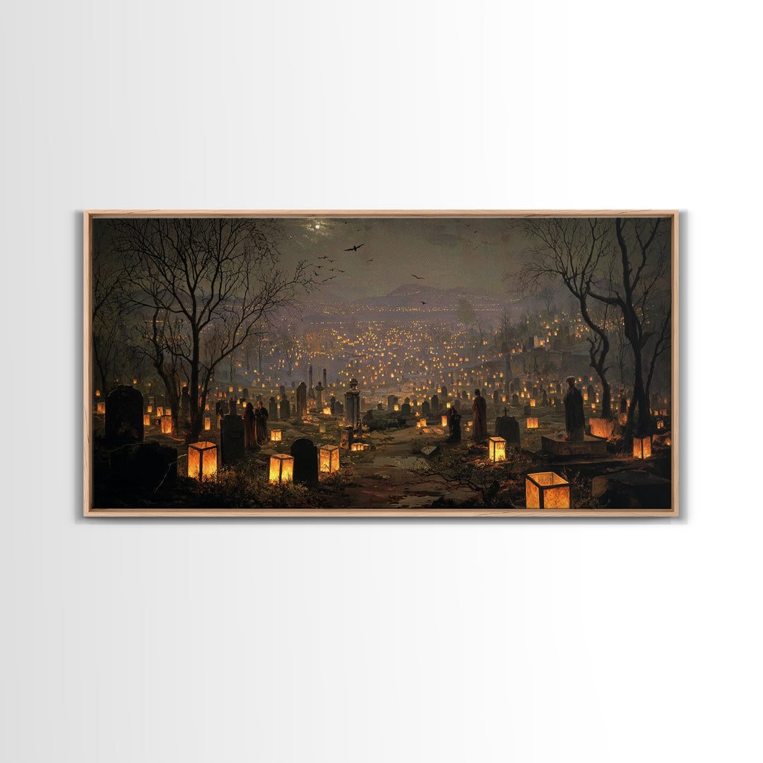 The Cemetery Lantern Festival, Romantic Gothic Landscape, Wide Panoramic Art, Dark Fantasy Wall Art, Framed Canvas Print