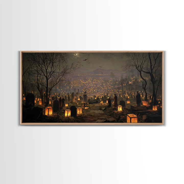 The Cemetery Lantern Festival, Romantic Gothic Landscape, Wide Panoramic Art, Dark Fantasy Wall Art, Framed Canvas Print