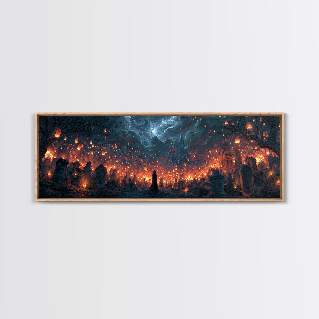 The Cemetery Lantern Festival, Apocalyptic Romantic Art, Extra Wide Wall Art, Dark Fantasy Wall Art, Framed Canvas Print, Halloween Wall Art