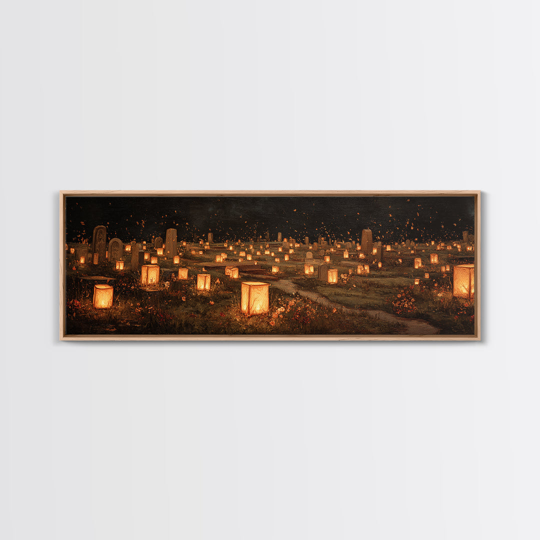 The Cemetery Lantern Festival, Symbolist Dream Art, Extra Wide Wall Art, Dark Fantasy Wall Art, Framed Canvas Print, Halloween Decor