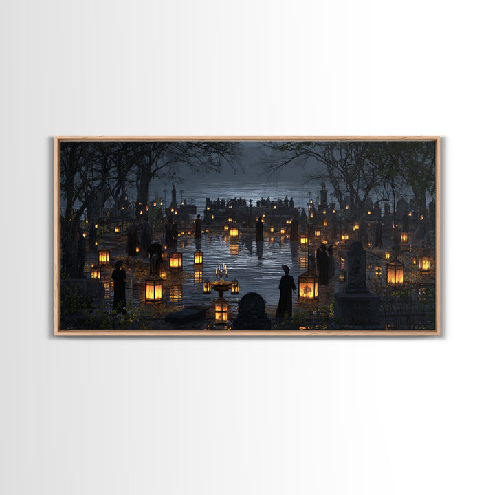 The Cemetery Lantern Festival, Symbolist Gothic Landscape, Wide Panoramic Art, Dark Fantasy Wall Art, Canvas Print, Halloween Wall Art