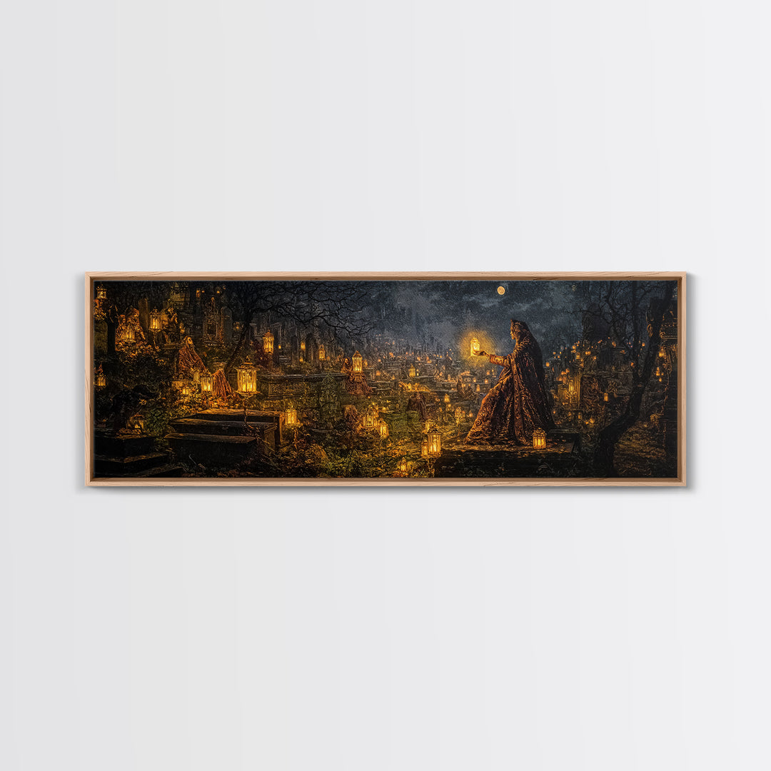 The Cemetery Lantern Festival, Ornate Symbolist Art, Extra Wide Wall Art, Macabre Wall Art, Canvas Print, Halloween Wall Art
