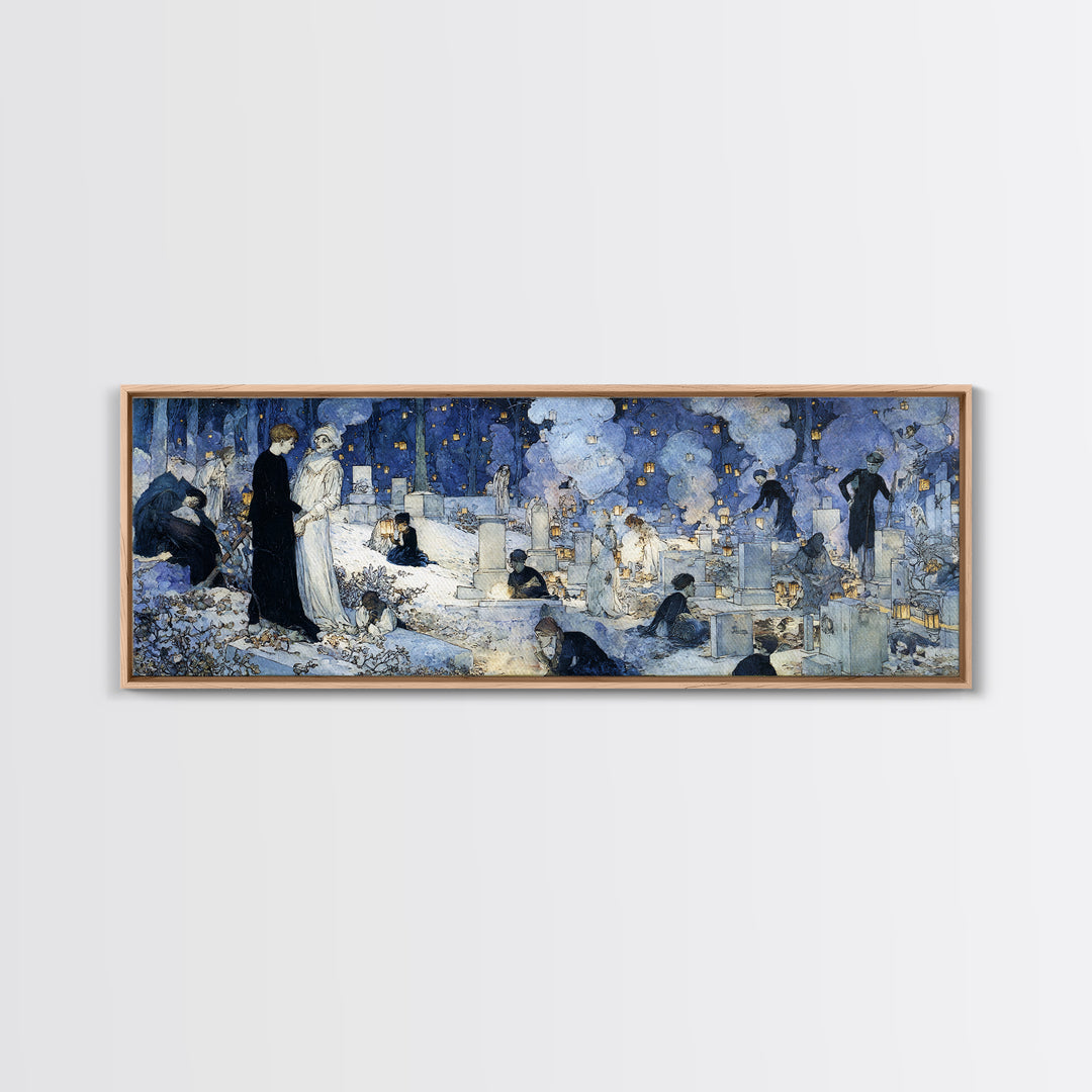 The Cemetery Lantern Festival, Symbolist Death Art, Extra Wide Wall Art, Macabre Wall Art, Framed Canvas Print, Halloween Wall Art