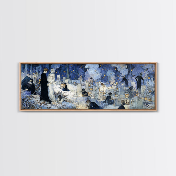 The Cemetery Lantern Festival, Symbolist Death Art, Extra Wide Wall Art, Macabre Wall Art, Framed Canvas Print, Halloween Wall Art