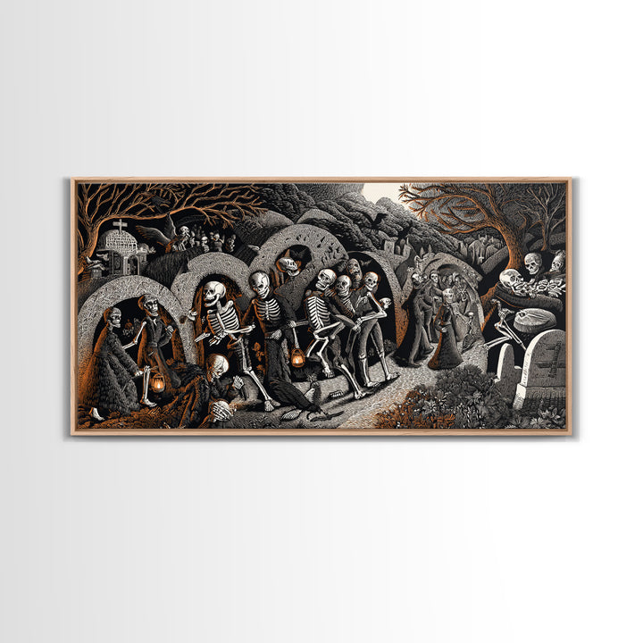 The Cemetery Lantern Festival, Macabre Folk Print Art, Wide Panoramic Art, Dark Halloween Decor, Framed Canvas Print