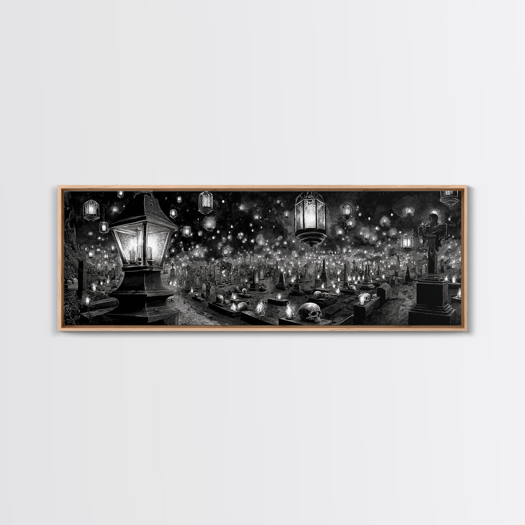 The Cemetery Lantern Festival, Biomechanical Horror Art, Extra Wide Wall Art, Gothic Horror Wall Art, Framed Canvas Print