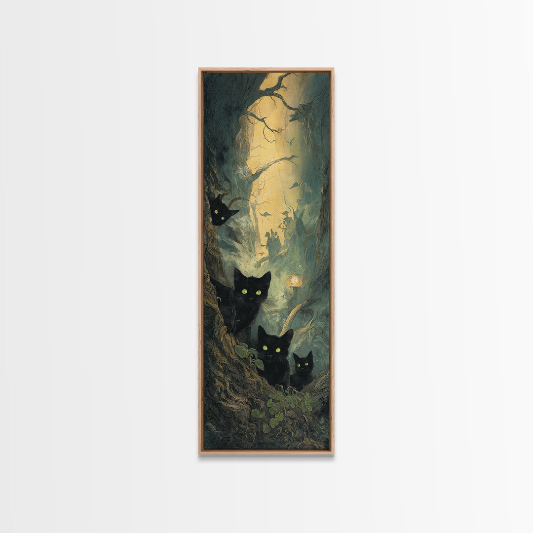 The Black Cat Gathering, Gothic Engraving Art, Tall Narrow Wall Art, Gothic Horror Wall Art, Framed Canvas Print, Halloween Wall Art