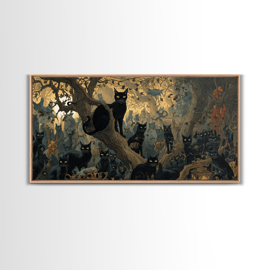 The Black Cat Gathering, Medieval Grotesque Art, Wide Panoramic Art, Dark Fantasy Wall Art, Canvas Print, Halloween Wall Art