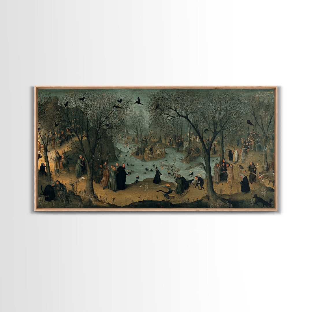 The Black Cat Gathering, Northern Renaissance Horror, Wide Panoramic Art, Gothic Horror Wall Art, Framed Canvas Print